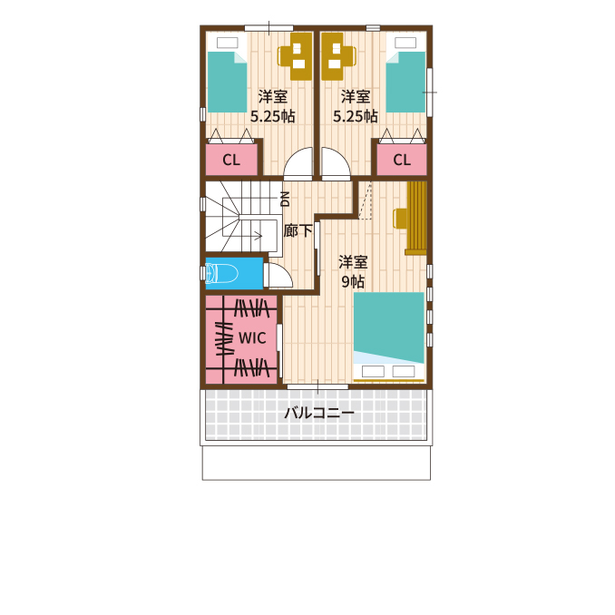 御浜住宅グループ（御浜建設） 枚方市｜2000万円台｜30坪以下｜間取り図｜気分は西海岸！カバードポーチのあるカリフォルニアテイストの家の間取り図（3LDK）2階