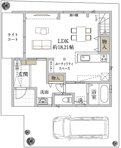 御浜住宅グループ（御浜建設） 枚方市｜2000万円台｜30坪以下｜間取り図｜ライトコートから光がたっぷり。開放感のあるシンプルモダンな家の間取り図（3LDK）1階