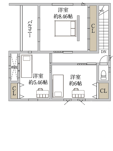 御浜住宅グループ（御浜建設） 枚方市｜2000万円台｜30坪以下｜間取り図｜ライトコートから光がたっぷり。開放感のあるシンプルモダンな家の間取り図（3LDK）2階