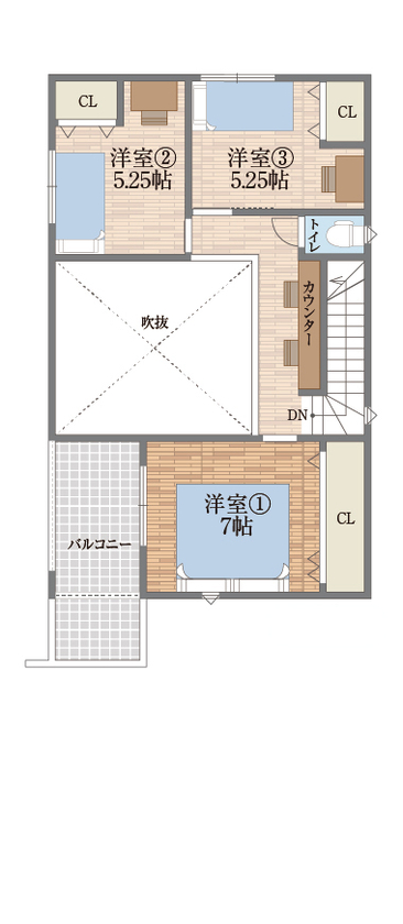 御浜住宅グループ（御浜建設） 枚方市｜2000万円台｜35坪｜間取り図｜吹き抜けが開放感を演出。暮らしの楽しみが広がる土間のある家の間取り図（4LDK）2階