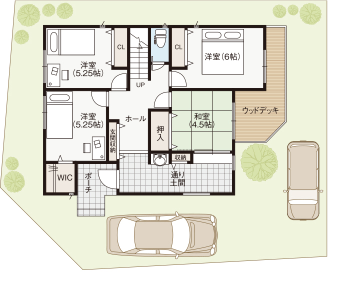 御浜住宅グループ（御浜建設） 枚方市｜2000万円台｜30坪台｜間取り図｜アウトドアリビングが2か所に。2階テラス＆ウッドデッキのある家の間取り図（4LDK）1階