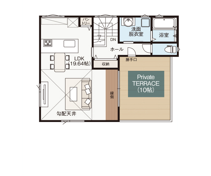 御浜住宅グループ（御浜建設） 枚方市｜2000万円台｜30坪台｜間取り図｜アウトドアリビングが2か所に。2階テラス＆ウッドデッキのある家の間取り図（4LDK）2階