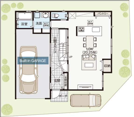 御浜住宅グループ（御浜建設） 枚方市｜2000万円台｜ビルトインガレージ｜間取り図｜リビングから愛車を眺められるガレージハウスの間取り図（3LDK＋書斎）1階