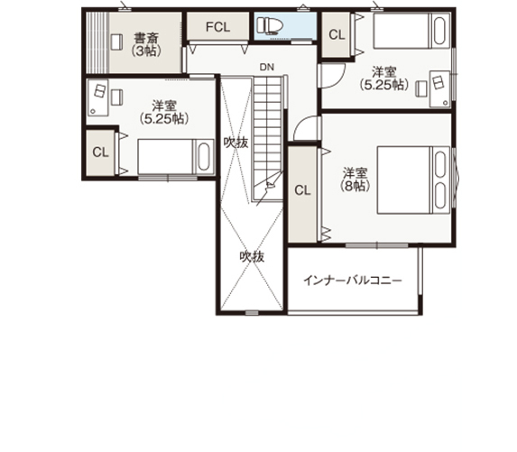 御浜住宅グループ（御浜建設） 枚方市｜2000万円台｜ビルトインガレージ｜間取り図｜リビングから愛車を眺められるガレージハウスの間取り図（3LDK＋書斎）2階