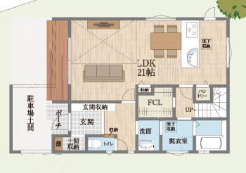 御浜住宅グループ（御浜建設） 枚方市｜2000万円台｜変形地｜間取り図｜隣家に囲まれた旗竿地でも明るく開放感が感じられる家の間取り図（3LDK）1階