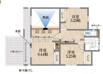 御浜住宅グループ（御浜建設） 枚方市｜2000万円台｜変形地｜間取り図｜隣家に囲まれた旗竿地でも明るく開放感が感じられる家の間取り図（3LDK）2階