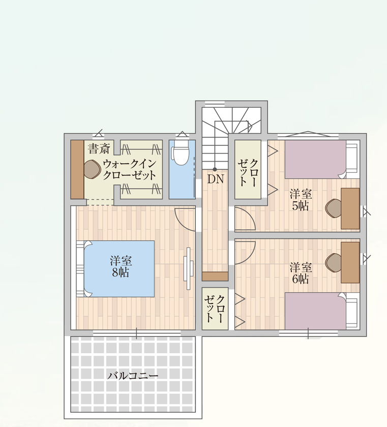御浜住宅グループ（御浜建設） 枚方市｜2000万円台｜30坪台｜間取り図｜「こもり感」が落ち着くダウンフロアリビングのある家の間取り図（３LDK＋キッズルーム）2階