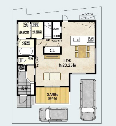御浜住宅グループ（御浜建設） 枚方市｜2000万円台｜30坪台｜間取り図｜青空の下で家族だんらん。プライベートテラスのある家の間取り図（4LDK）1階