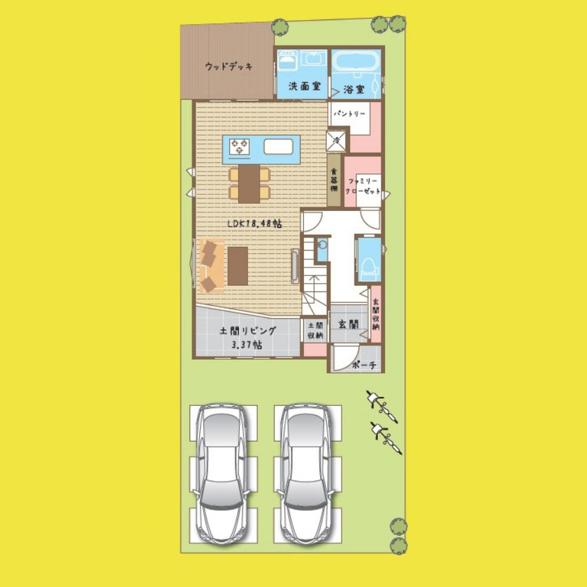 御浜住宅グループ（御浜建設） 枚方市｜2000万円台｜30坪｜間取り図あり｜自然を身近に感じながら暮らす「土間リビング」のある家の間取り図（3LDK）1階