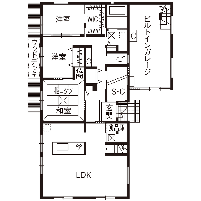 近藤建設 【3000万円台/75.8坪/間取り図】気兼ねない空間の二世帯住宅。書斎とつながる夢のビルトインガレージハウスの間取り図（7LDK＋書斎）1階