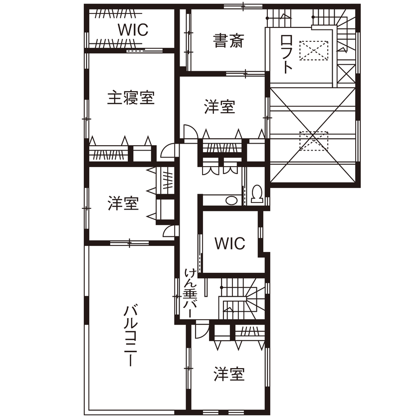 近藤建設 【3000万円台/75.8坪/間取り図】気兼ねない空間の二世帯住宅。書斎とつながる夢のビルトインガレージハウスの間取り図（7LDK＋書斎）2階