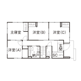 近藤建設 【1000万円台/30坪台/屋上/間取り図】斜線制限を利用した木目調の勾配天井。2階リビングにブランコのある家の間取り図（3LDK）１階
