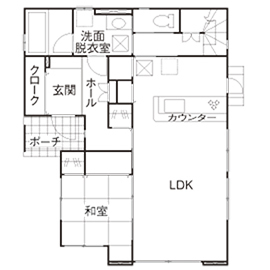 近藤建設 【1000万円台/30坪台/家事動線/間取り図】高天井で明るい北欧テイストのナチュラル内装と和モダン外観の家の間取り図（4LDK）1階