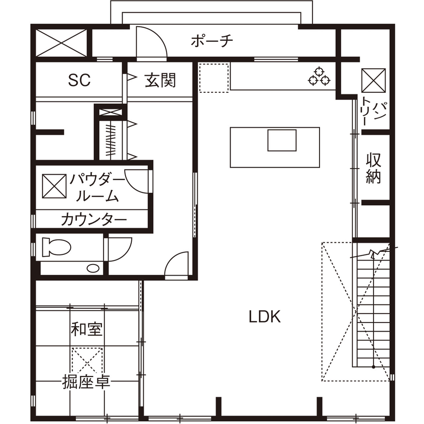 近藤建設 【3000万円/40坪台/吹き抜け/間取り図】生活感は2階に、家事動線にも配慮したアジアンリゾートテイストの家の間取り図（5LDK）1階