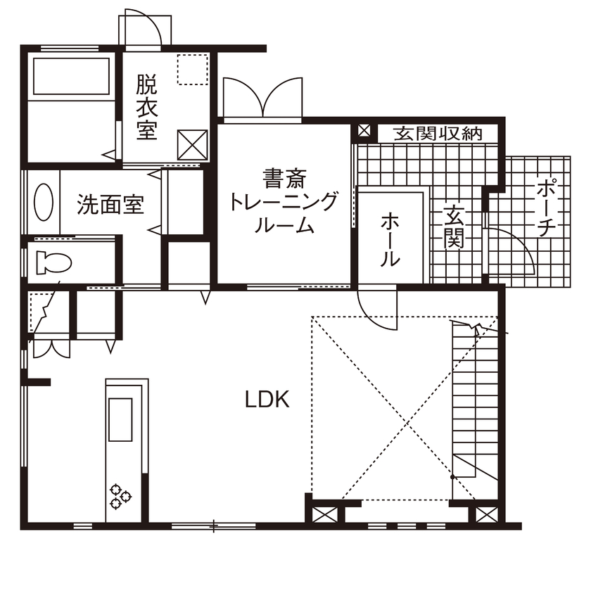 近藤建設 【2000万円台/40坪台/吹き抜け/間取り図】3人の子供部屋やトレーニングルームのあるサイディング外観の家の間取り図（5K以上）1階