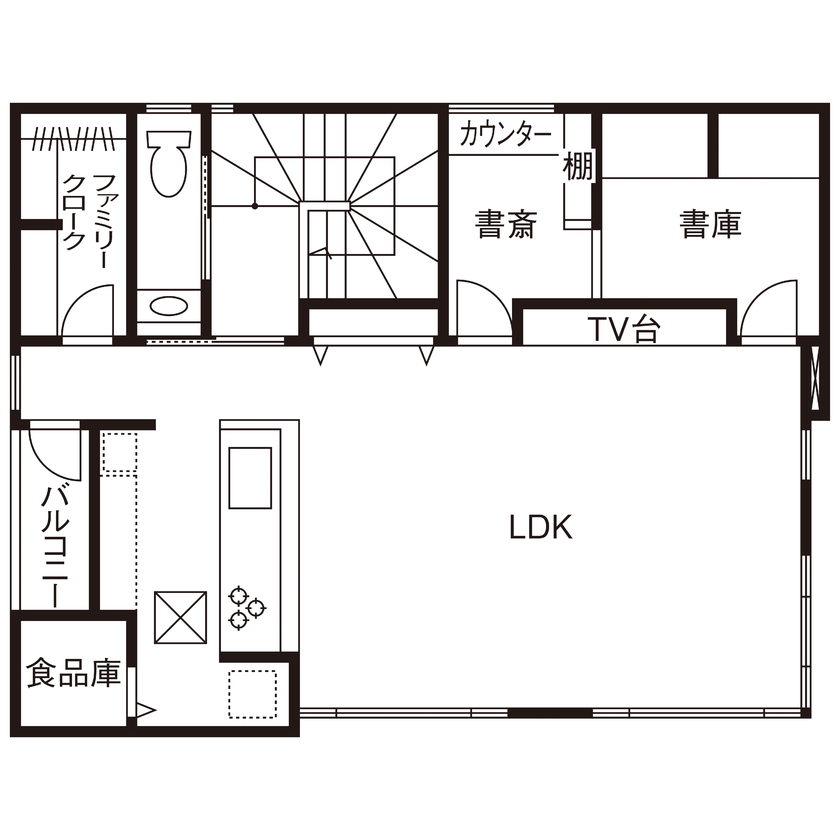 近藤建設 【2000万円台/30坪台/2階リビング/間取り図】オーバーハングな外観がスタイリッシュ。お店みたいな四角い家の間取り図（2LDK）2階
