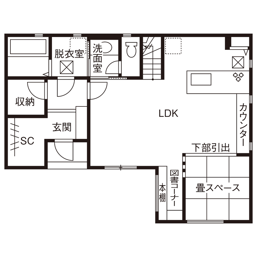 近藤建設 【1000万円台/30坪台/間取り図】奥行が広く雨に濡れないインナーバルコニー。広々リビングに本棚のある家の間取り図（2LDK）1階