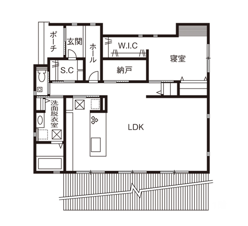近藤建設 【平屋/2000万円台/20坪台/1LDK/間取り図】庭の緑を楽しむ、夫婦2人暮らしにちょうどいいコンパクトな家の間取り図（1LDK）1階