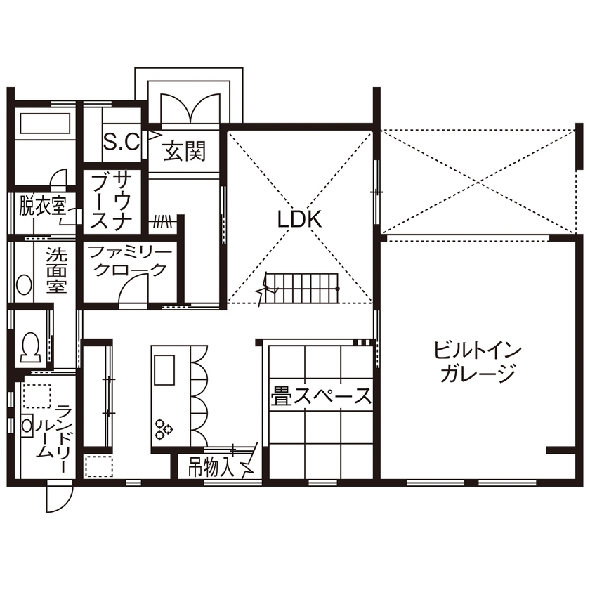 近藤建設 【4000万円～/50坪台/サウナ/シアター/車2台/間取り図】遊びと癒しが満載！スタイリッシュなガレージハウスの間取り図（3LDK）1階