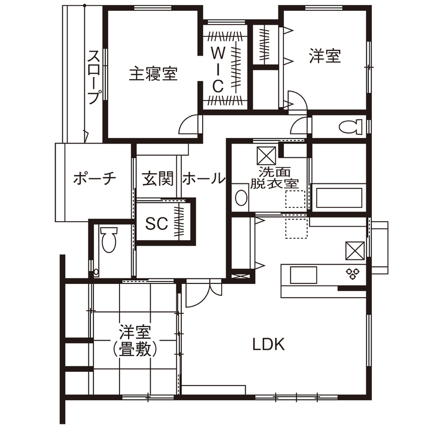 近藤建設 【平屋/2000万円台/30坪台/バリアフリー/間取り図】造作カウンターでお酒を楽しむ。スタイリッシュ外観の家の間取り図（3LDK）1階