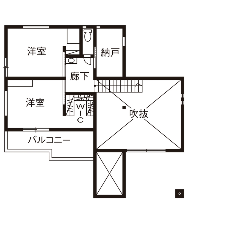 近藤建設 【4000万円～/40坪台/間取り図】ウッドデッキへ続く30畳超え吹き抜けLDK、一見平屋の2階建て片流れ屋根の家の間取り図（4LDK）2階