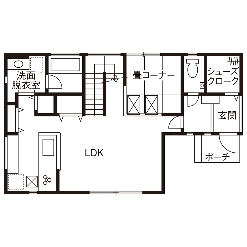 近藤建設 【1000万円台/30坪台/間取り図】白×木調の四角い外観、デザイン力とコスパにこだわった景色楽しむ高台の家の間取り図（3LDK＋書斎）1階
