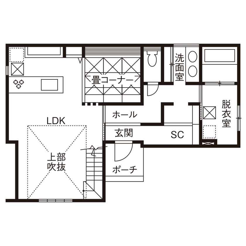 近藤建設 【2000万円台/30坪台/土間収納/屋上/間取り図】開放的な吹き抜けのおしゃれなブルックリンスタイルの家の間取り図（3LDK）1階