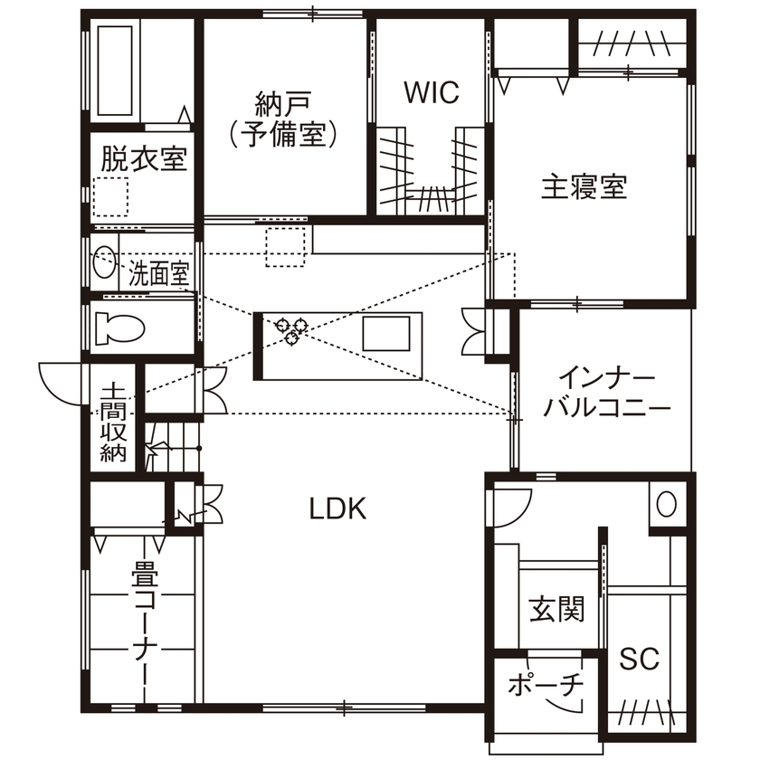 近藤建設 【平屋/2000万円台/20坪台/建て替え/間取り図】収納以外も活躍！ロフトを配した勾配天井LDKのゆとりある家の間取り図（1LDK＋納戸（予備室））1階