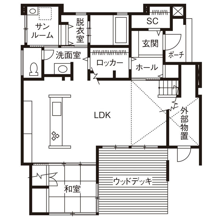 近藤建設 【3000万円台/40坪台/キャットウォーク/間取り図】吹き抜けを通しリビングと繋がるスキップフロアのある家の間取り図（3LDK＋プレイR＋書斎）1階