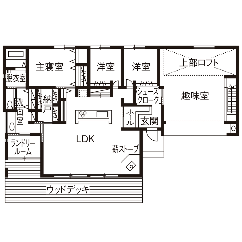 近藤建設 【平屋/3000万円台/40坪台/ロフト/趣味/アメリカン/間取り図/薪ストーブ】まるで別荘のよう！と感動の家。の間取り図（3LDK＋趣味室）1階