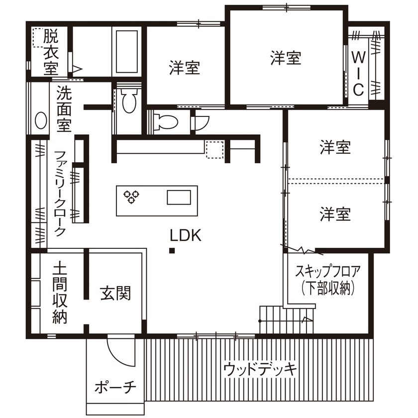 近藤建設 【平屋/2000万円台/30坪/間取り図】建築士の提案に感動。土間玄関と繋がるリビングとスキップフロアの家。の間取り図（3LDK）1階