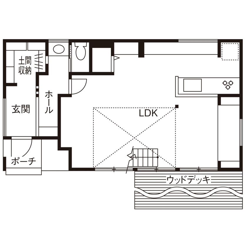 近藤建設 【2000万円台/30坪台/吹き抜け/ヌック/間取り図】家にいる時間が快適で楽しい！大きなウッドデッキのある家の間取り図（2LDK＋納戸）1階