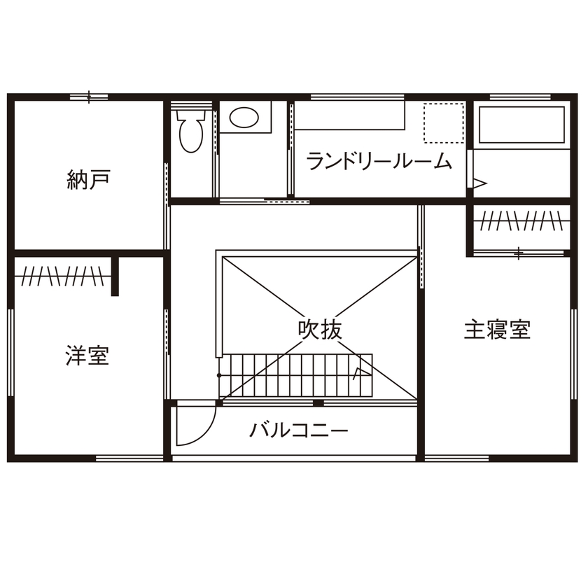 近藤建設 【2000万円台/30坪台/吹き抜け/ヌック/間取り図】家にいる時間が快適で楽しい！大きなウッドデッキのある家の間取り図（2LDK＋納戸）2階