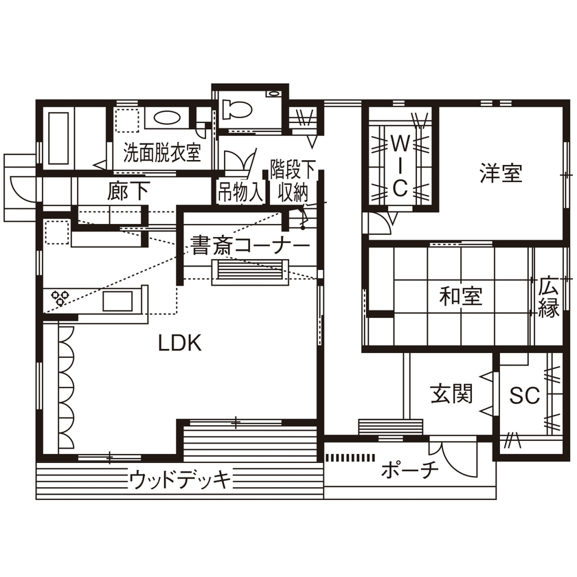 近藤建設 【高気密・高断熱/平屋/2000万円台/30坪/回遊動線/間取り図】回遊動線と、結露がほとんど無い！と感動の家の間取り図（2LDK＋書斎コーナー）1階
