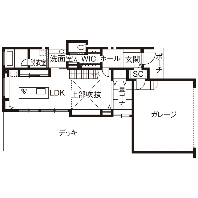近藤建設 【3000万円台/40坪台/車2台/間取り図】効率いい一直線の動線に満足！家とつながるビルトインガレージハウスの間取り図（3LDK）1階