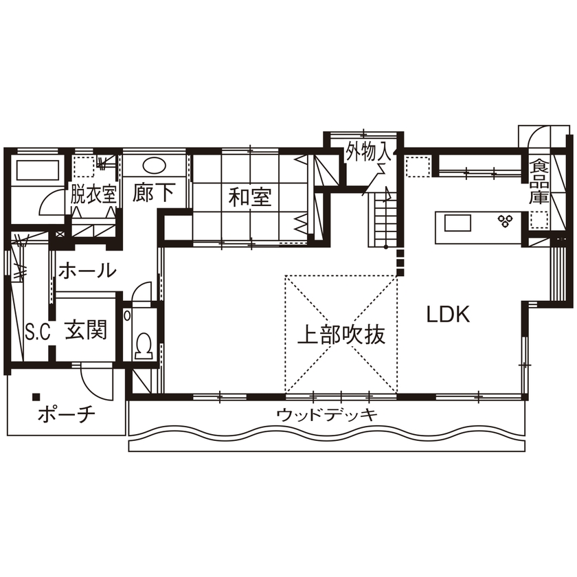 近藤建設 【4000万円～/60坪台/間取り図】7人家族が自然に集い各々でリラックス。南国リゾートホテルみたいな家。の間取り図（6LDK）1階