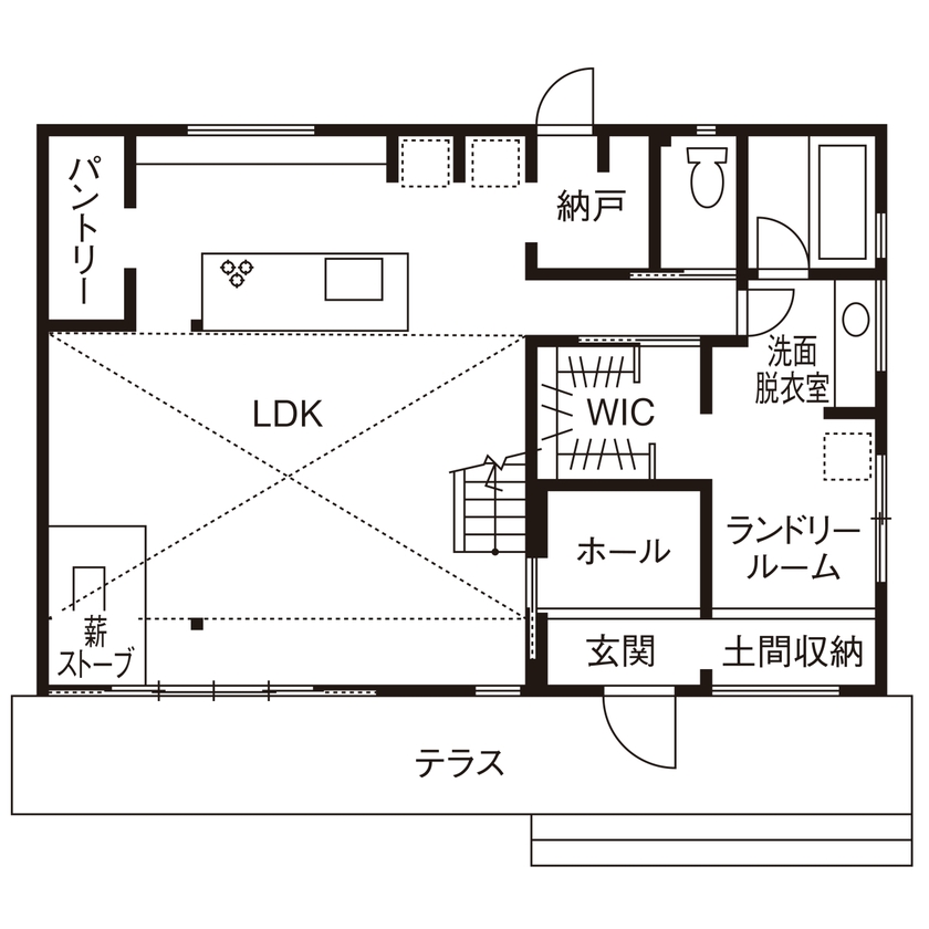 近藤建設 【2000万円台/30坪台/間取り図/薪ストーブ】コーヒー片手に自然を感じ、くつろぐ。まるで別荘のような家の間取り図（2LDK）1階