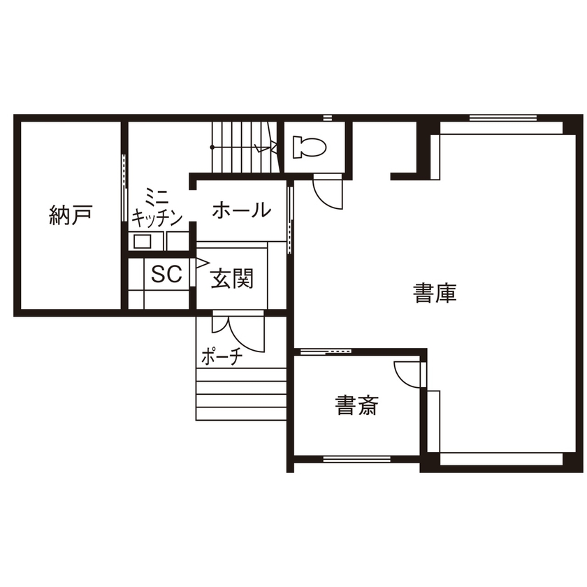 近藤建設 【3000万円台/50坪台/書庫/造作/間取り図】飾り楽しむ趣味の部屋。窓の少ない図書館のような本棚のある家の間取り図（1LDK＋書庫＋書斎）1階