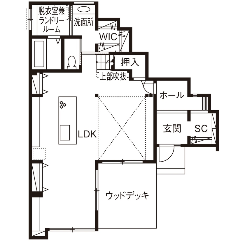 近藤建設 【3000万円台/40坪台/間取り図】女性建築士の提案力に感動。ウッドデッキとつながる吹き抜けリビングの家。の間取り図（4LDK＋書斎）1階