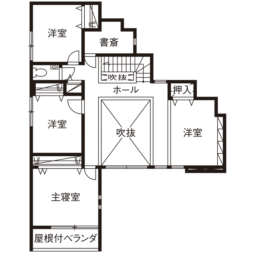 近藤建設 【3000万円台/40坪台/間取り図】女性建築士の提案力に感動。ウッドデッキとつながる吹き抜けリビングの家。の間取り図（4LDK＋書斎）2階