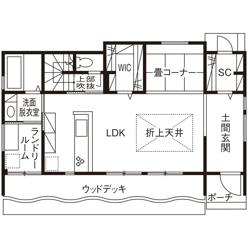 近藤建設 【2000万円台/30坪台/通り土間/間取り図】自転車を2台置ける広い土間玄関のあるカリフォルニアスタイルの家の間取り図（3LDK＋書斎）1階