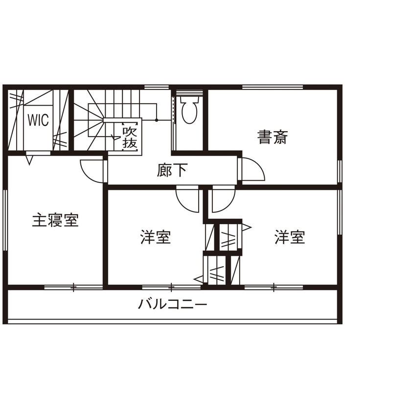 近藤建設 【2000万円台/30坪台/通り土間/間取り図】自転車を2台置ける広い土間玄関のあるカリフォルニアスタイルの家の間取り図（3LDK＋書斎）2階