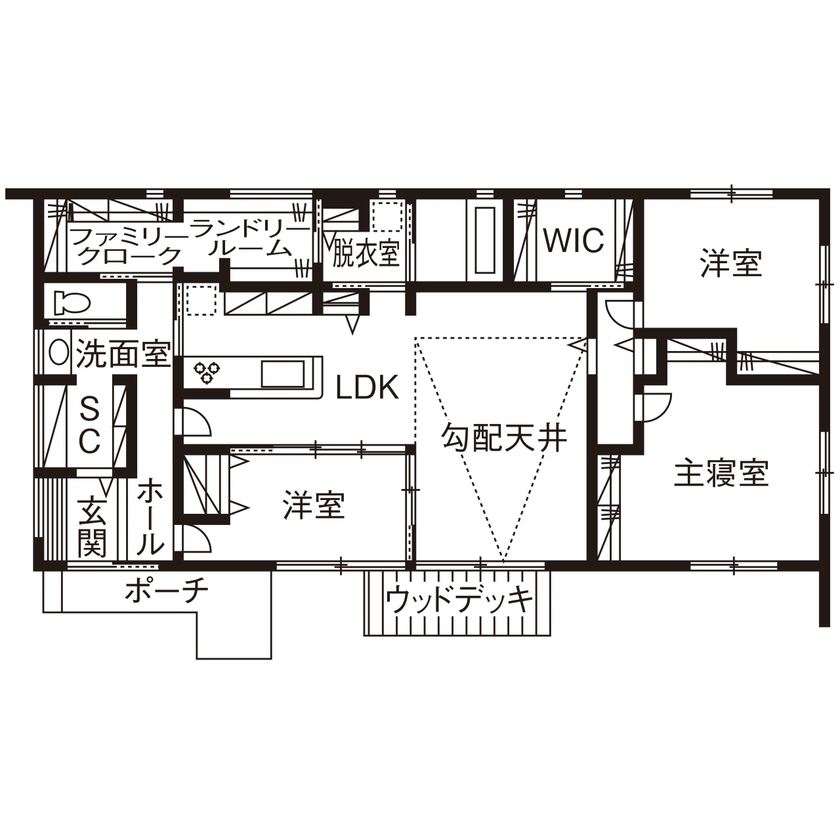 近藤建設 【平屋/2000万円台/30坪台/回遊動線/間取り図】洗濯動線は一括で、キッチンと玄関は近く！家事を楽する家の間取り図（3LDK）1階