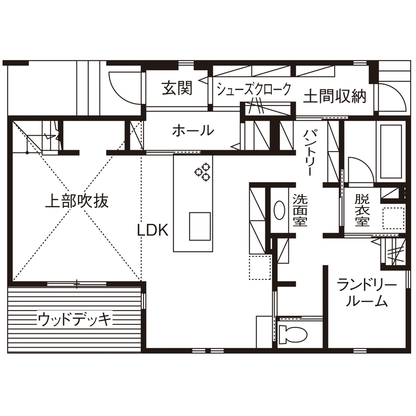 近藤建設 【3000万円台/40坪台/間取り図】ZEHを超える断熱等級7の家。魅力と要望たっぷりなモデルハウスのような家の間取り図（3LDK）1階