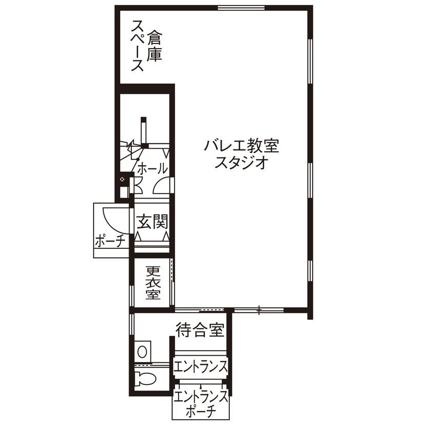 近藤建設 【店舗併用住宅/3000万円台/40坪台/間取り図】木造で叶えた、天井高3mの開放感のあるバレエ教室スタジオの間取り図（3LDK＋スタジオ）1階