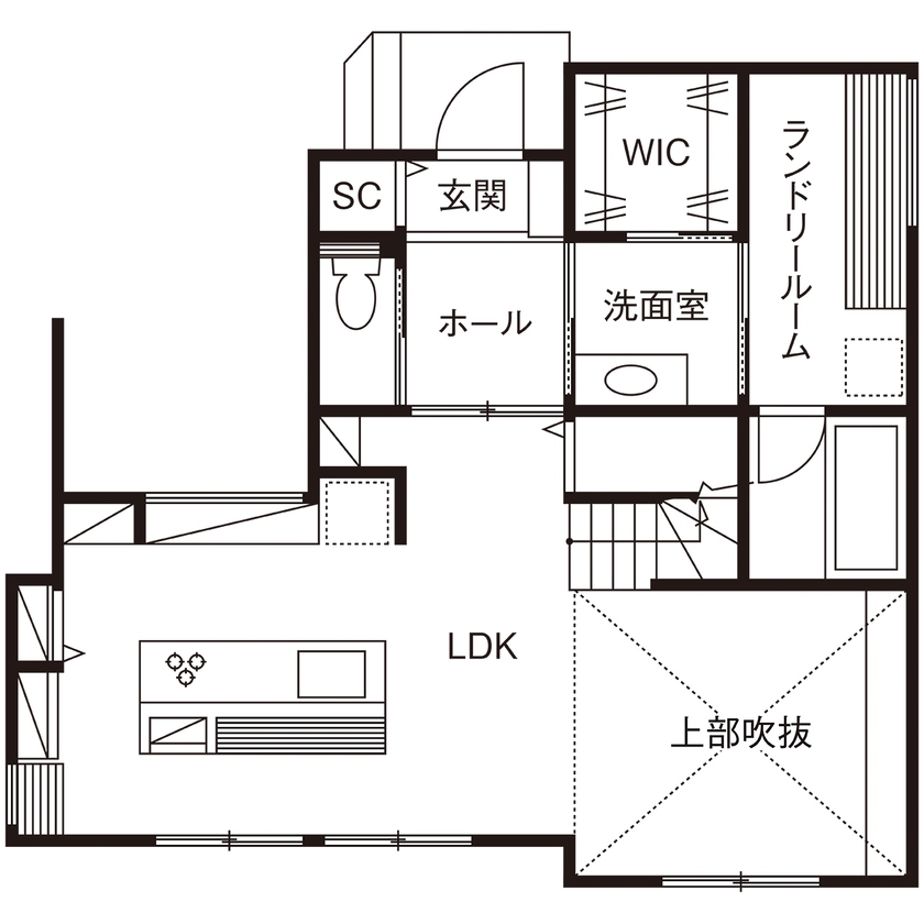 近藤建設 【2000万円台/30坪台/間取り図】素敵なバーカウンター付きキッチンが主役。ずっと愛せるモダンデザイン住宅の間取り図（3LDK）1階