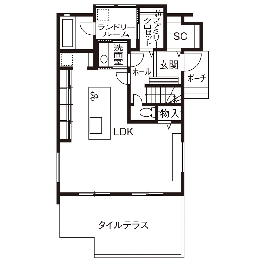 近藤建設 【30坪台/間取り図】下がり天井のキッチンや回遊動線、開放的なテラスも！プロの提案で叶えた理想の住まいの間取り図（3LDK）1階