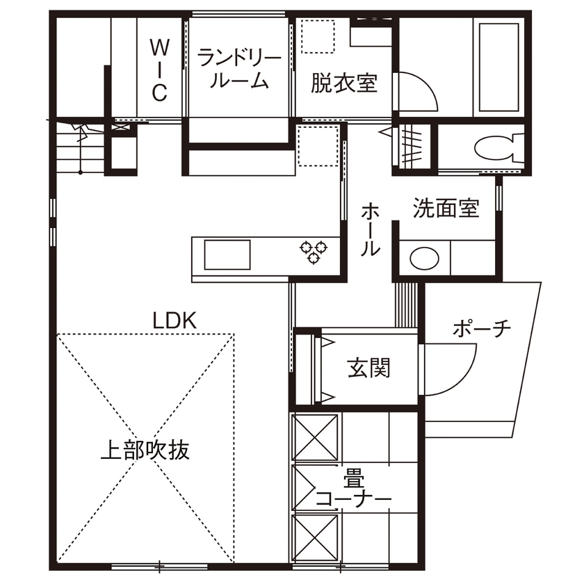 近藤建設 【2000万円台/30坪台/間取り図】2つの回遊動線で暮らしが快適。それぞれの居場所を叶えた北欧テイストの家の間取り図（2LDK＋畳コーナー）1階