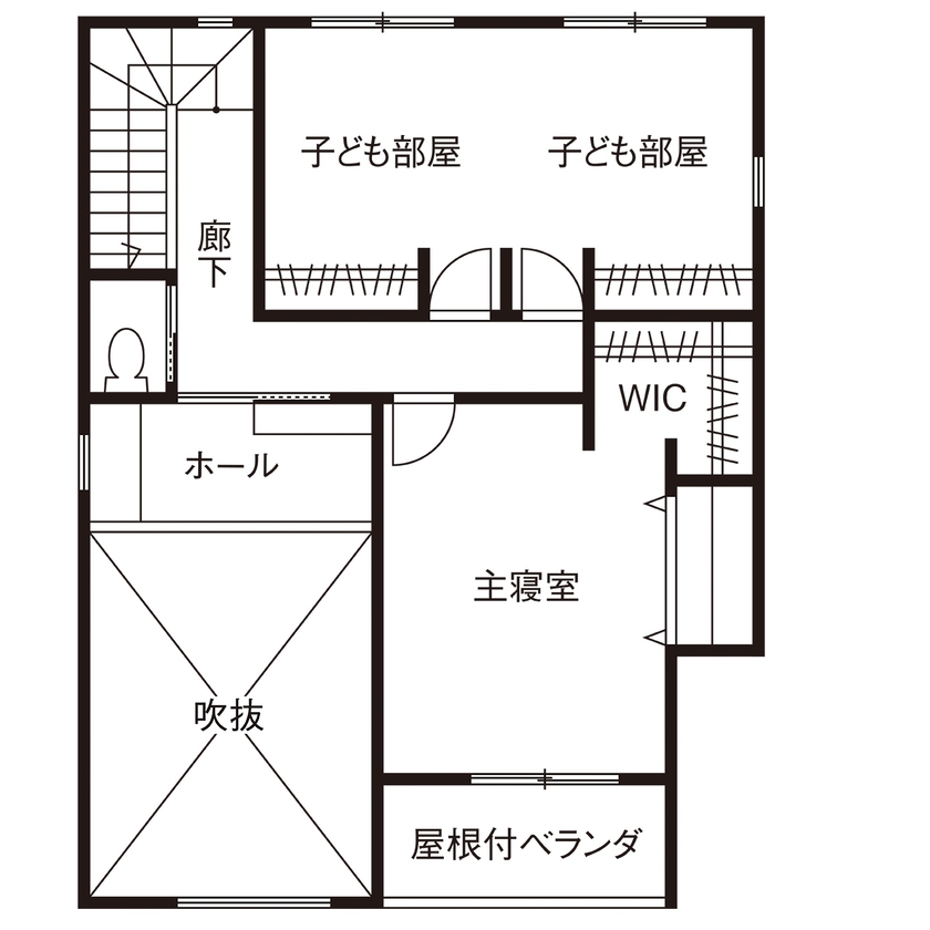 近藤建設 【2000万円台/30坪台/間取り図】2つの回遊動線で暮らしが快適。それぞれの居場所を叶えた北欧テイストの家の間取り図（2LDK＋畳コーナー）2階