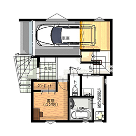 プロネット 【2000万円台/間取り図/3階建て】耐震等級3と長期優良住宅認定取得 都心の狭小地に立つシンプルモダンな家の間取り図（4LDK）1階